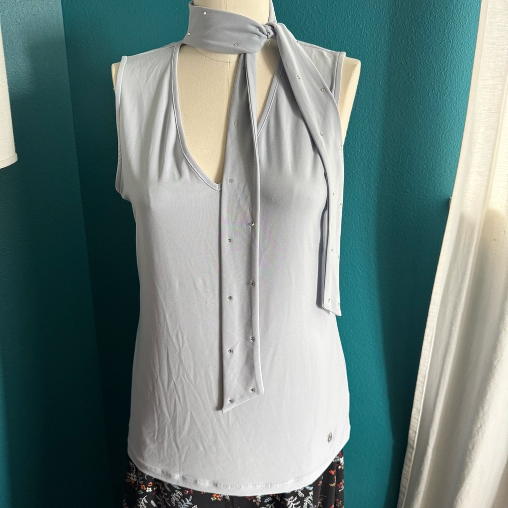 Anne Klein Light Gray Sleeveless Blouse with Scarf and Rhinestone Details